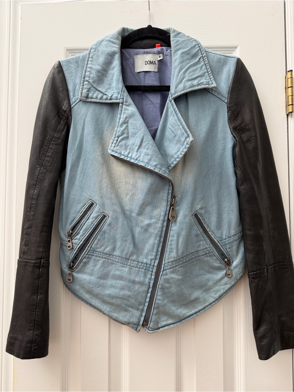 Doma Light Blue Denim Jacket with Black Leather Sleeves
